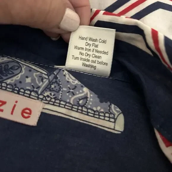 TIZZIE Women’s 100% Cotton Collared Long Sleeve Red White Blue Top Blouse Size M - Picture 12 of 12